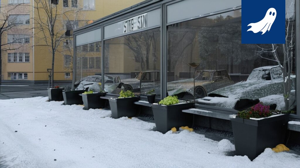 Sarjakuvamainen kuva vuohesta, joka katsoo alakuloisena konkurssi-ilmoitusta kahvilan edessä.