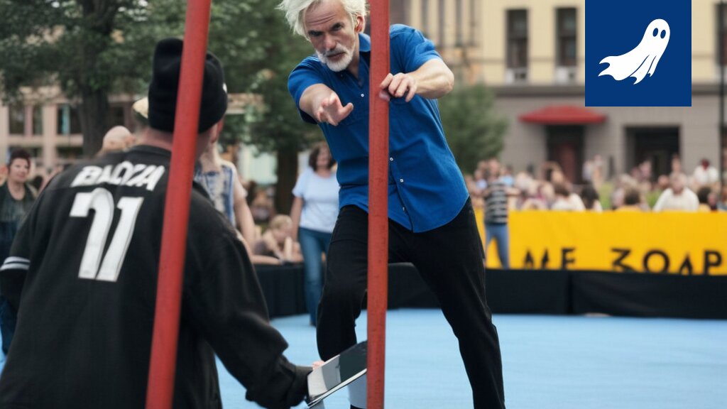 Salibandyn hologrammihahmo pelaa ottelussa, taustalla robottien ohjaama tapahtuma.