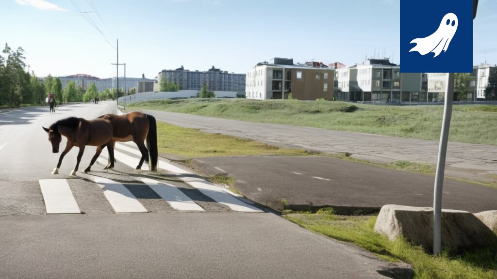 Hevosten laiduntaminen Vuoreksen maisemissa, kuvitusartikkeli satiirisesta uutisesta.