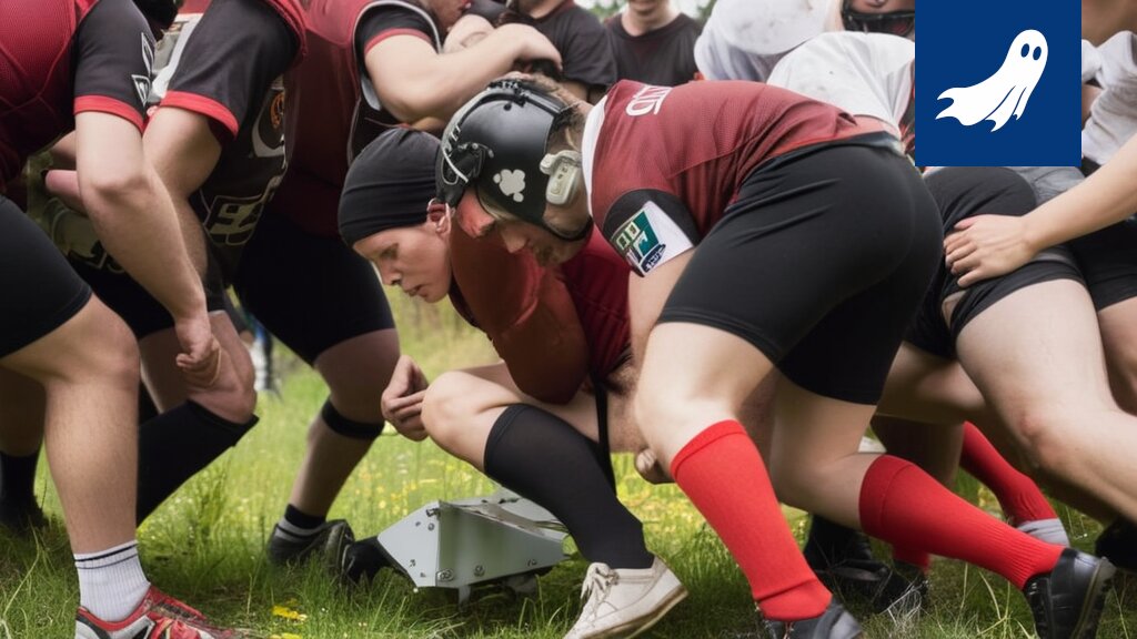 Robottirugbyjoukkueen karikatyyri pelaamassa Tampereen rugbyklubia vastaan, taustalla Näsinneula.