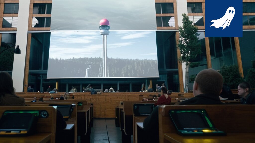 Valtuustosali täynnä palvelimia ja vilkkuvia valoja, symboloiden tekoälyn ottamaa valtaa Tampereen kaupungissa.