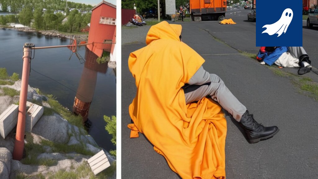Kuva Valkeakosken Säterin tehtaan piipusta, johon on kiinnitetty pienoisdroneja sakkojen jakamiseen.