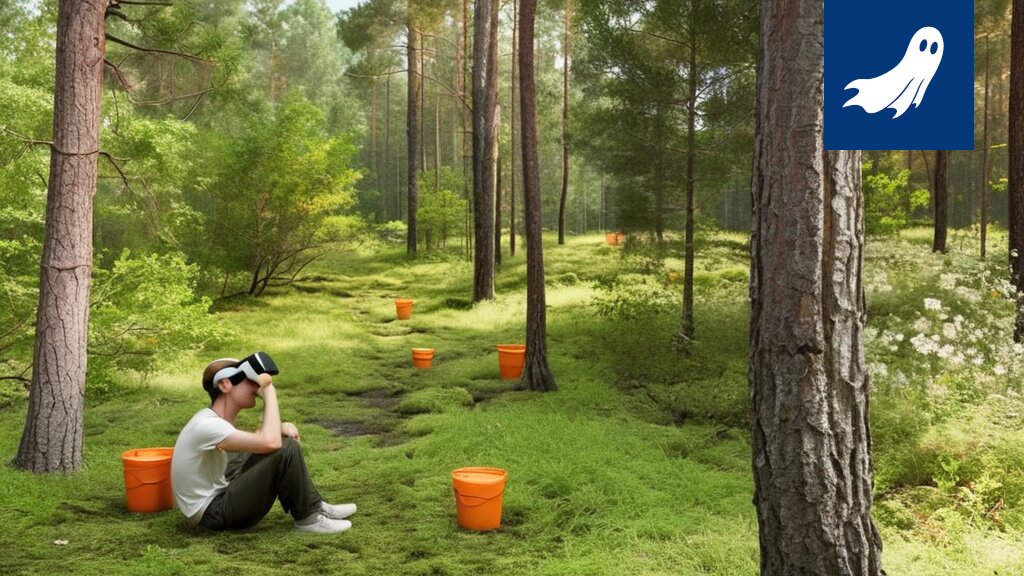 Satirical illustration depicting a person wearing VR goggles while 'experiencing' a digitally rendered forest.