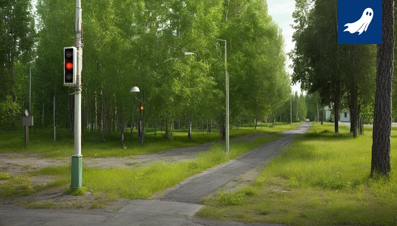 Robottivartija Kangasalan hiekkatiellä, valvontakamera ja ojaan ajautunut auto.