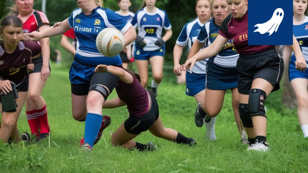 Rugby-pelaajat läpinäkyvissä kuutioissa robottipoliisin valvonnassa, satiirinen kuva.