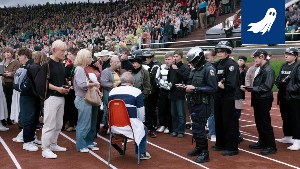 Robocop tarkastaa Lotta Haralan pyörätuolia Tampereen stadionilla, taustalla rakenteilla oleva juoksurata.