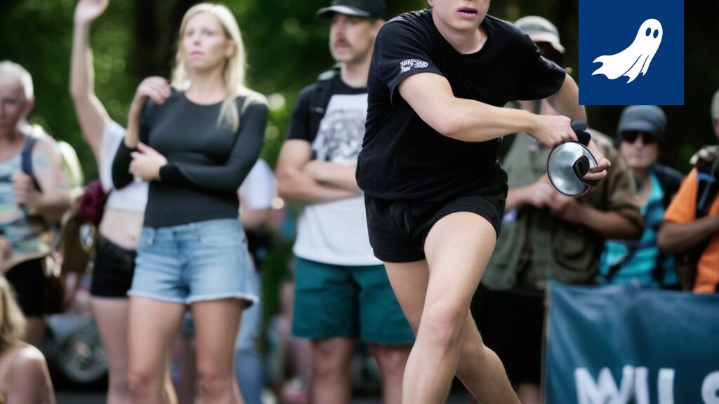 Eveliina Salonen heittää frisbeetä, taustalla näkyy Pirkkalan frisbeegolfpuisto ja futuristinen robottikiekko.