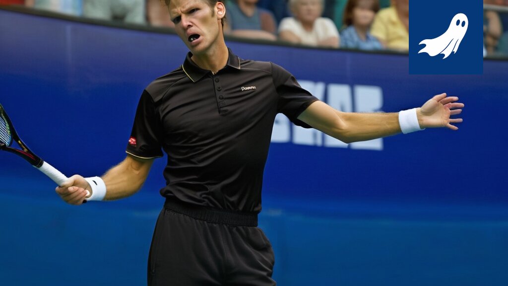 Novak Djokovic epätoivoisena kentällä, symboloiden algoritmin pettämistä ja urheilun uutta epävarmuuden aikakautta.