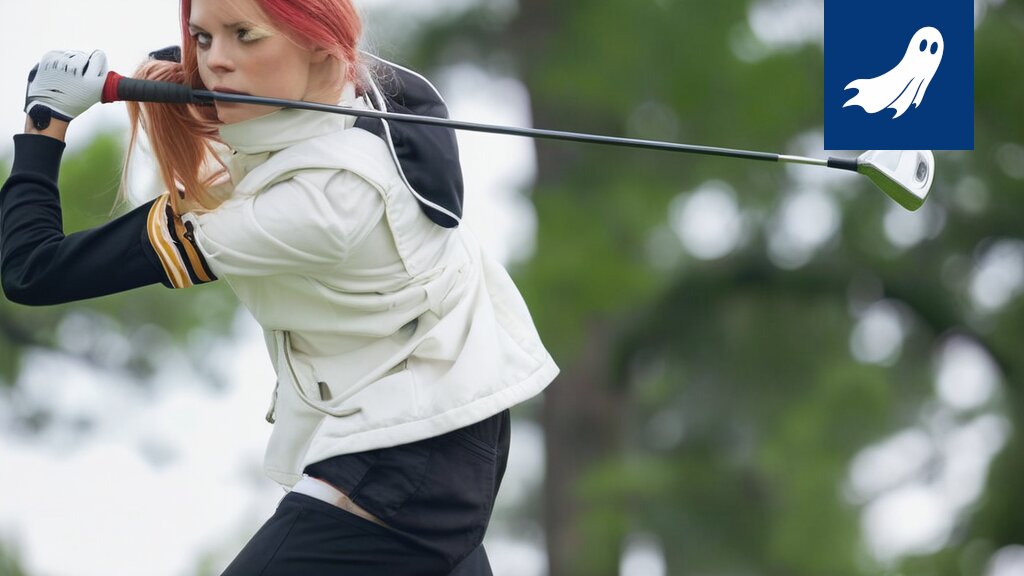 Sarjakuvamainen kuva Noora Komulaisesta golfkentällä nenäliinan kanssa, symboloiden flunssan ja menestyksen yhdistelmää.