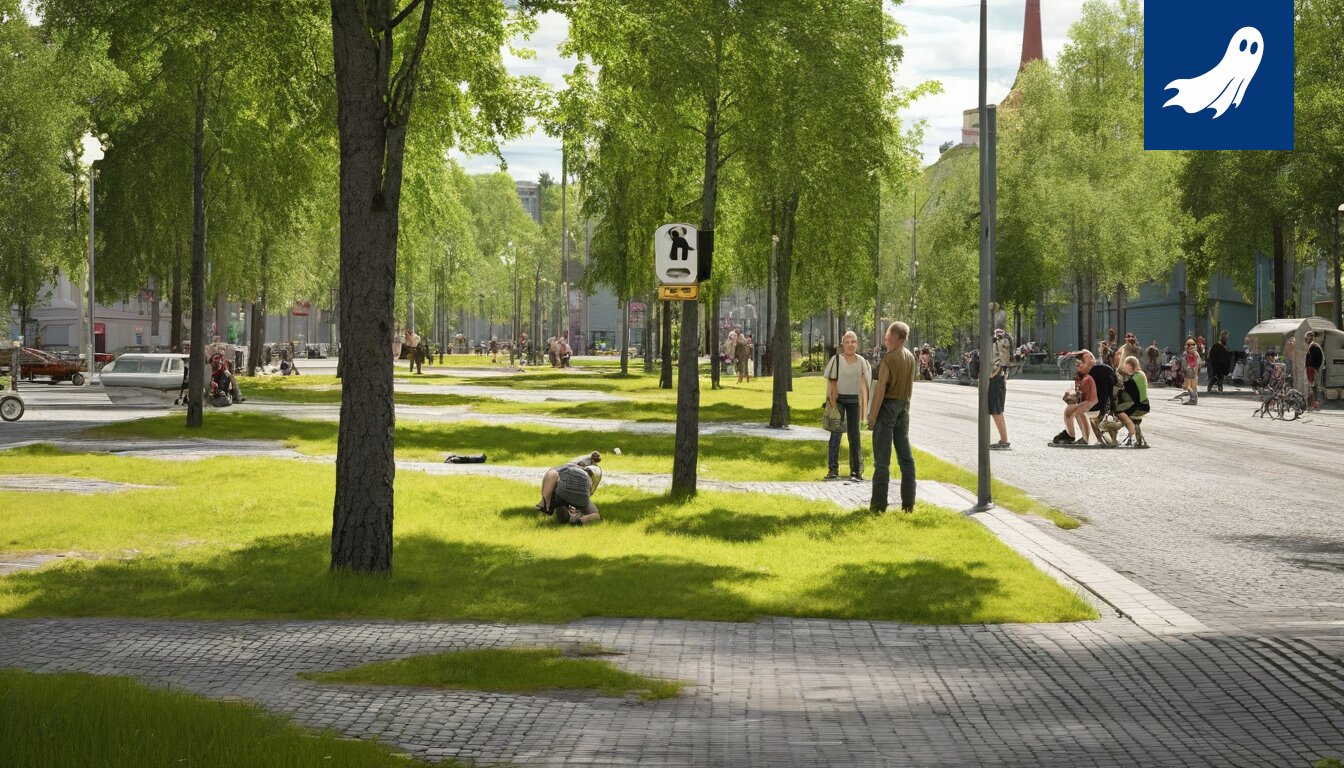 Sarjakuvamainen kuva automaattisesta ilmoittautumiskoneesta, joka pyytää potilailta meemejä tai tansseja.