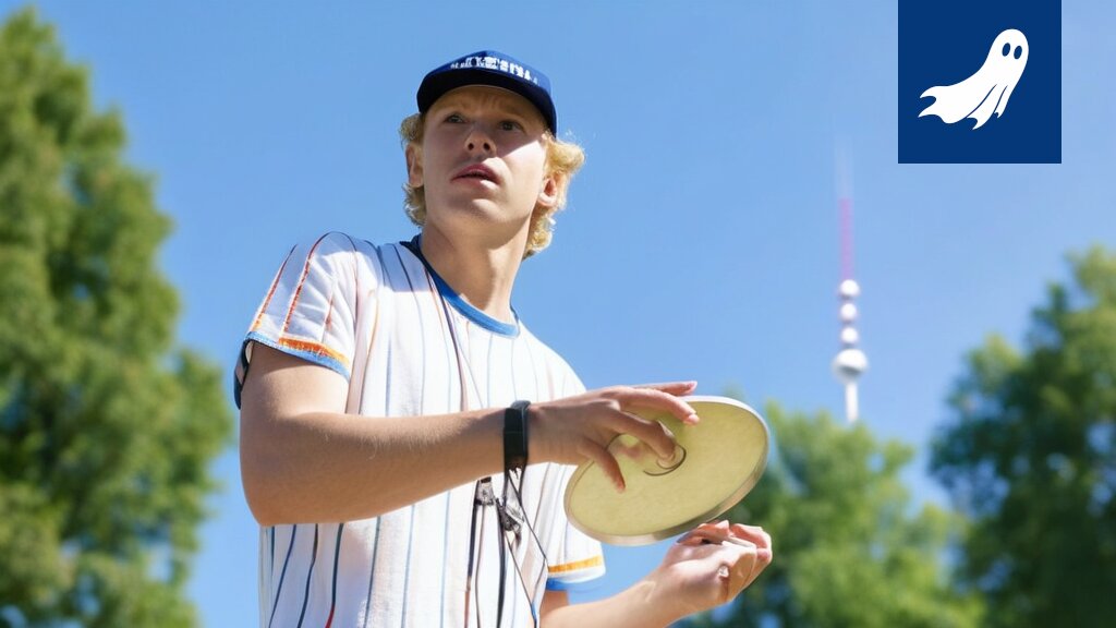 Frisbeegolf-kenttä, jossa robottipartio ja vihainen pelaaja ovat keskenään tekemisissä.