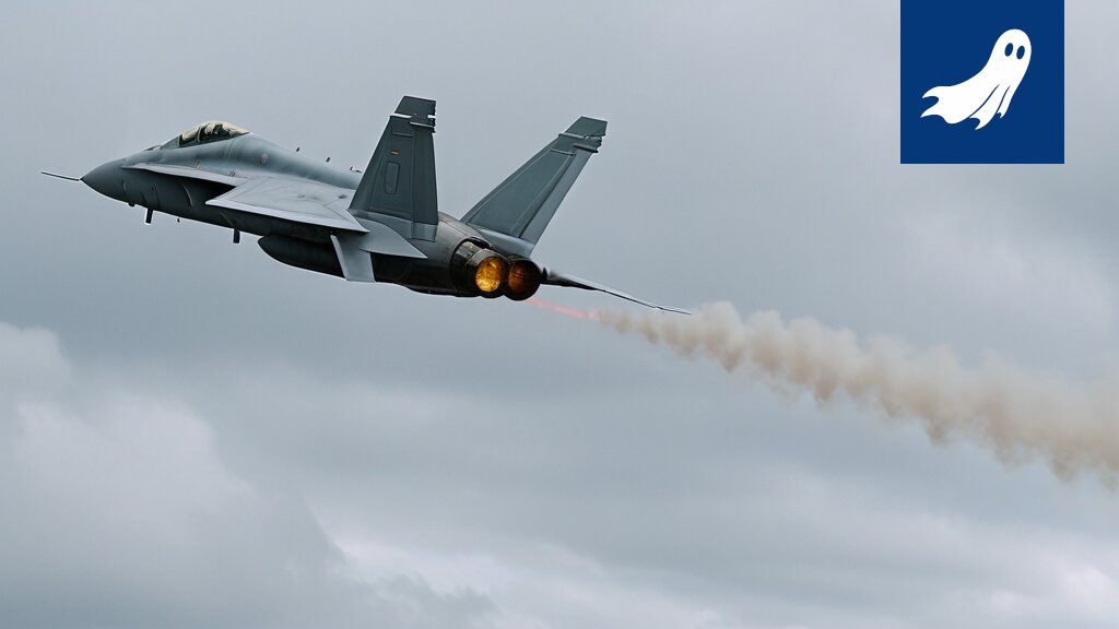 Hornet-hävittäjä lentää Pirkkalan yllä, laskutusilmoitus taustalla.