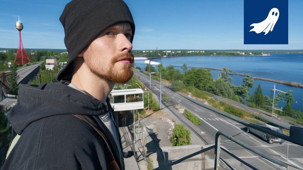 Robotti harjaa lunta, symboloiden Loska- ja Pakkaskorporaation automatisoitua ulkotyövoimaa.