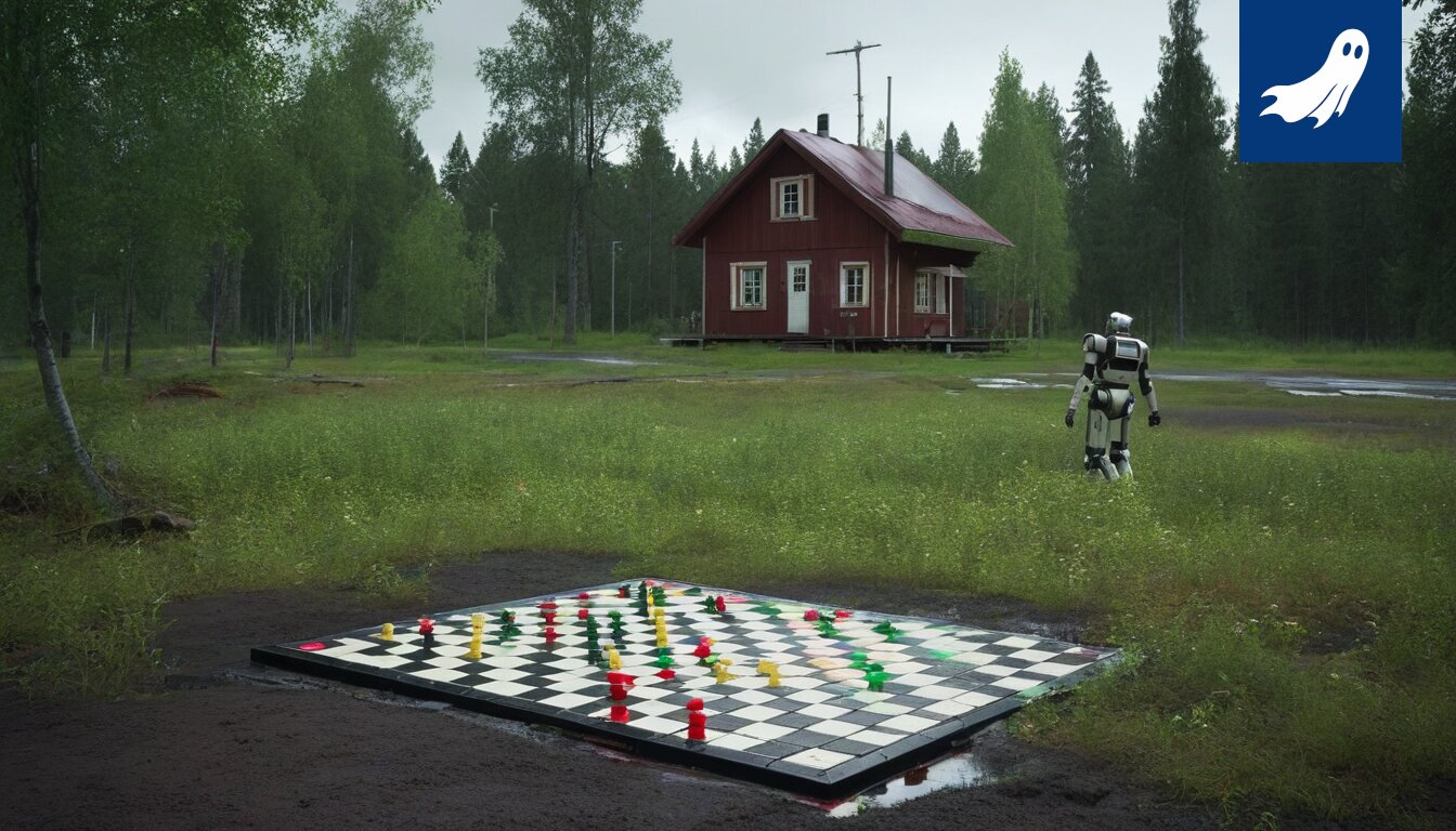Näyttelijä Piitu Uskin mökki Tampereen metsässä, robottivartijoiden ympäröimänä.