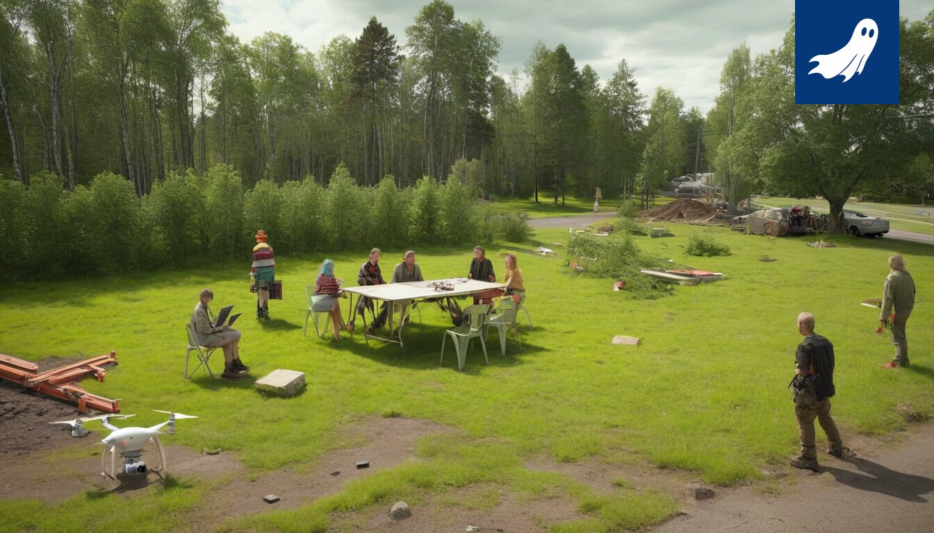 Rikkinäinen veistos Lempäälän asuntomessualueella, osa satiirista uutisartikkelia.