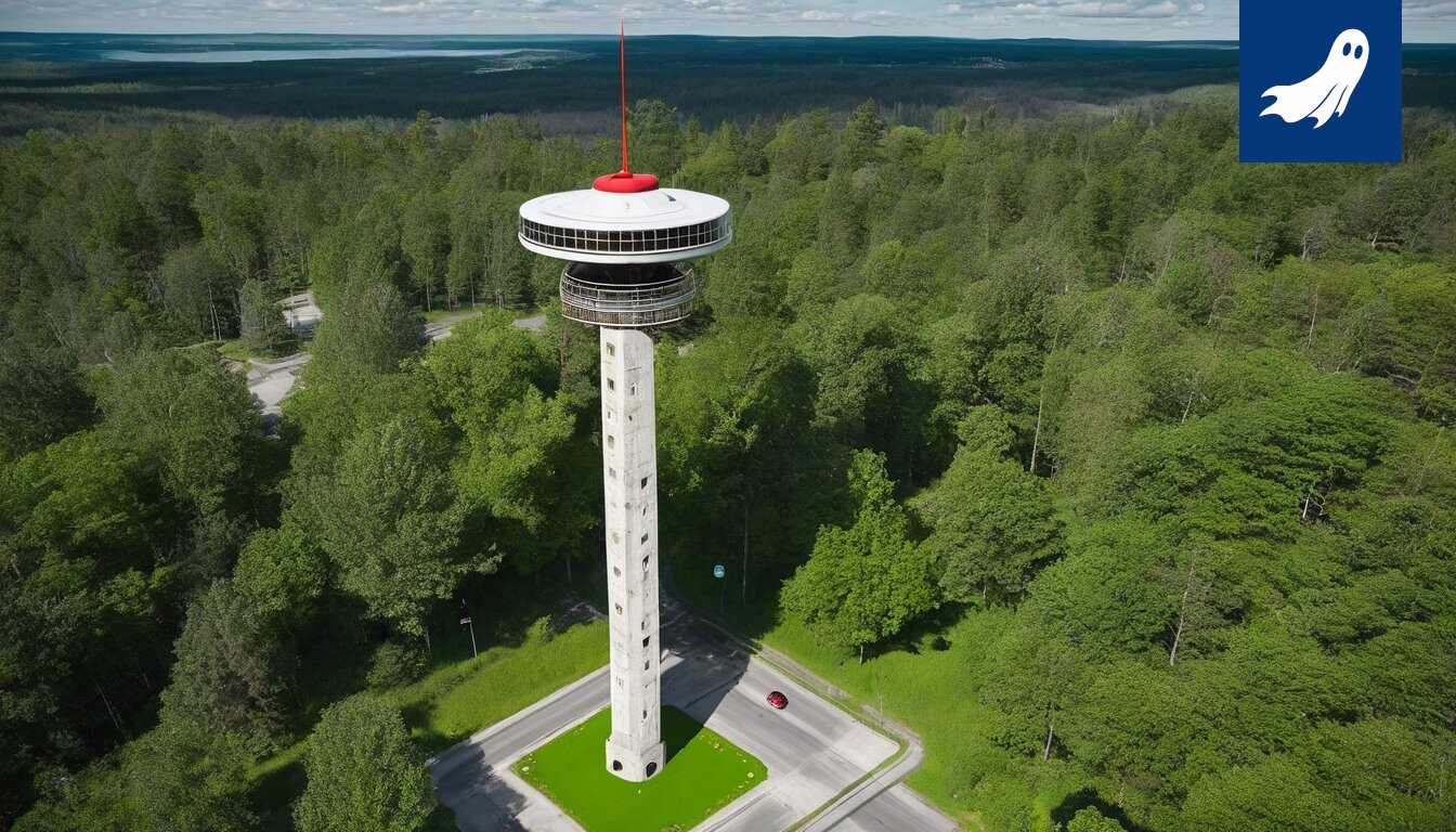 Näsinneula muuttumassa osaksi digitaalista Liettuaa, satiirisen uutisartikkelin kuvitus.