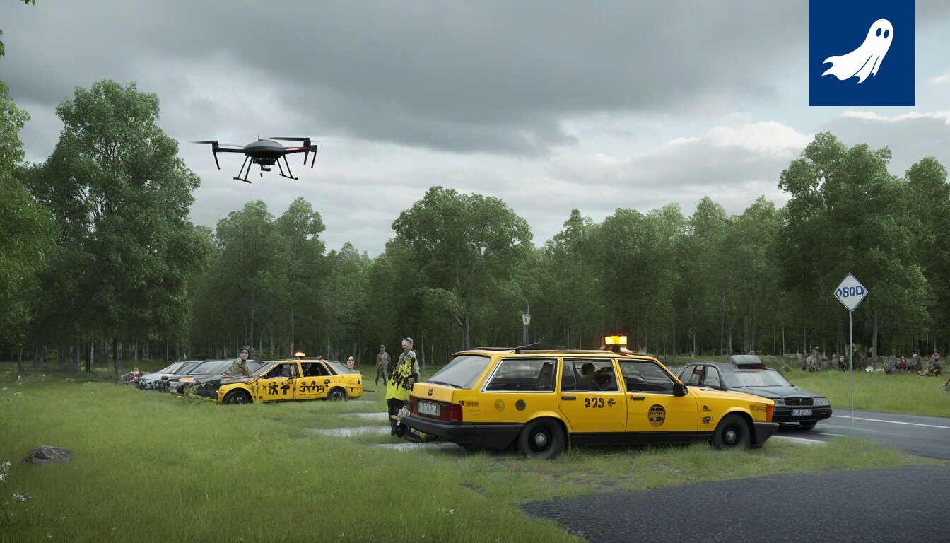 Pieni drone kuljettaa avainta ja fileerausveistä, symboloiden Nokian uuden avaintenluovutusjärjestelmän koomisia ongelmia.