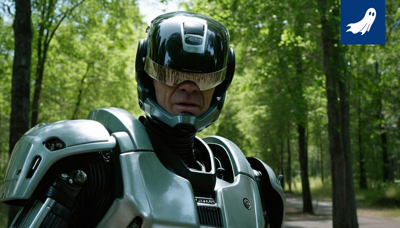 Robocop seisoo Tampereen Nokia Arenalla fileerausveitsi kädessään, Ilves-huppari päällä.