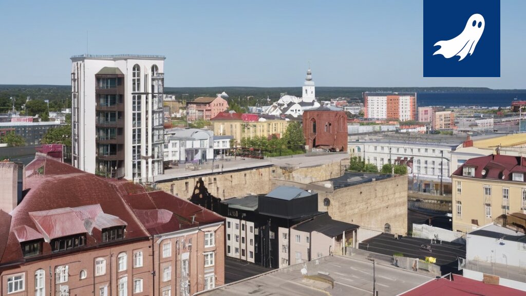 Pastellisävyinen hyvinvointikeskus nousee Finlaysonin alueelle, symboloiden Tampereen tekoälyn ohjaamaa muutosta.