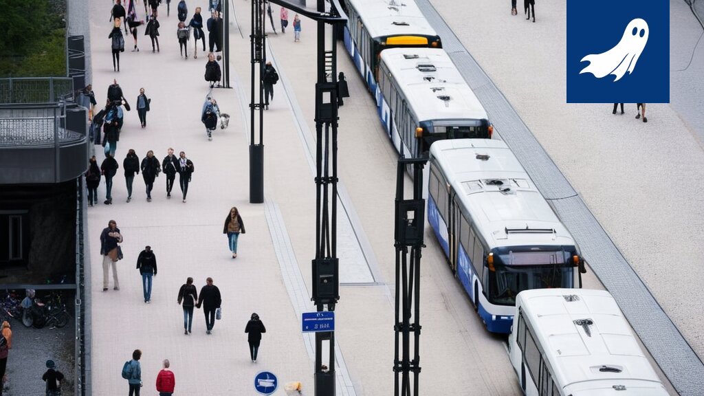 Robocop tarkastaa Nokia-areenan katolle siirrettyjä busseja satiirisessa uutiskuvassa.