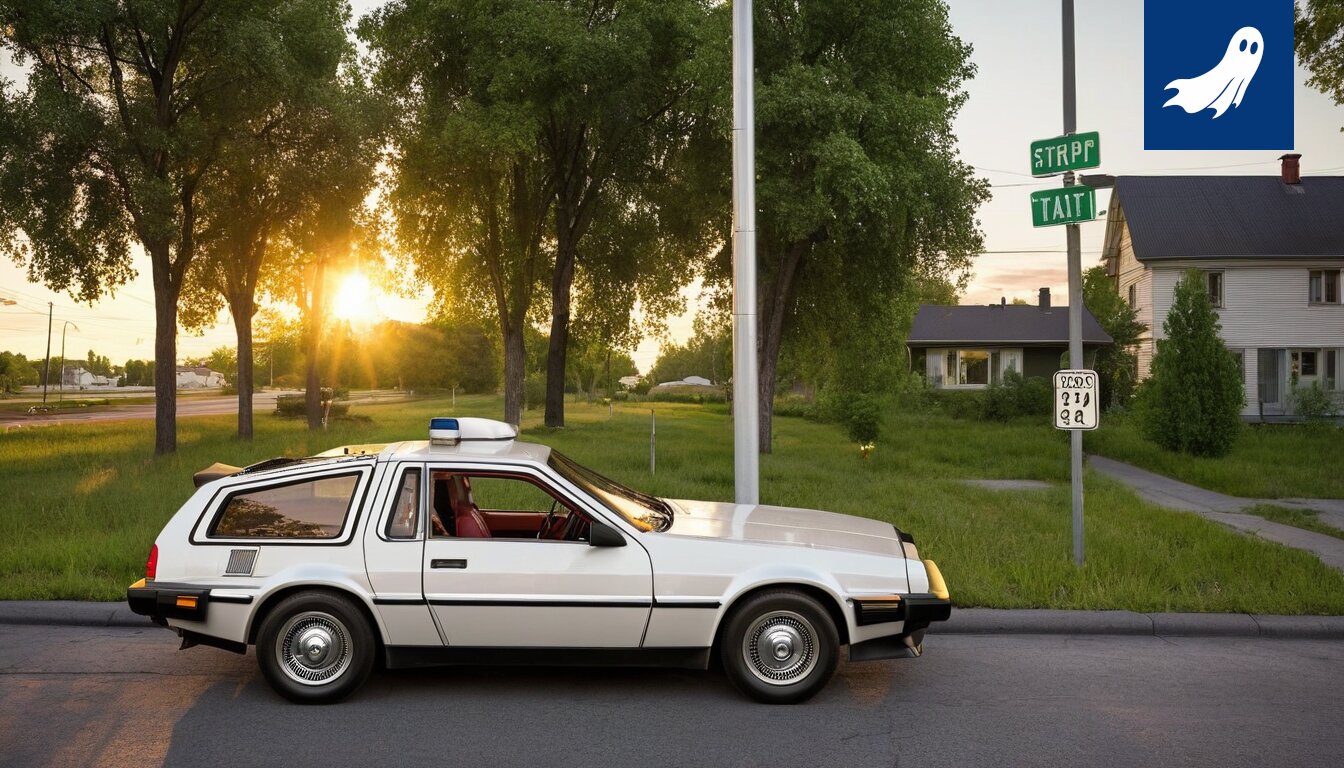 Liikennevalo näyttää vuosilukua 1955 Tampereen keskustassa, DeLorean-auto taustalla.