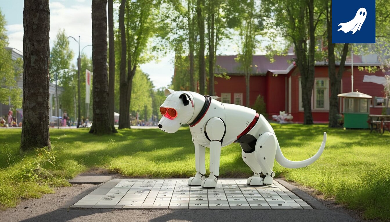 Sarjakuvamainen kuva Muumimukista, jonka ympärillä pyörii digitaalisia lohkoketju-symboleja ja robotteja.
