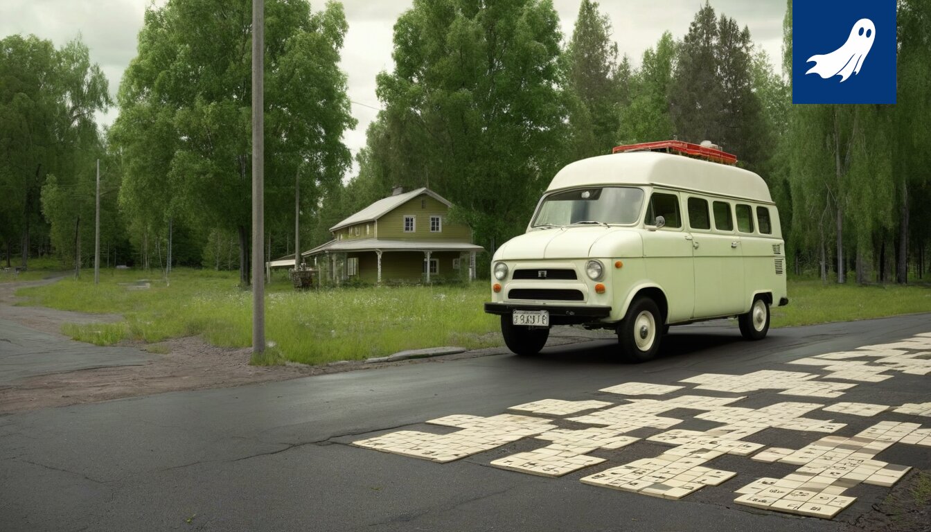 Sarjakuvamainen kuva pullosta, jossa lukee 'Mummolan tuoksu', ja taustalla homeen peittämä vanha talo.