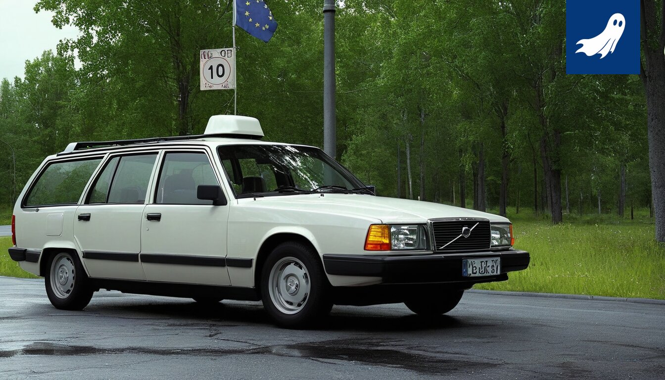 Robotti tarkastaa sähköautoa Tampereen parkkihallissa, satiirinen uutiskuva.