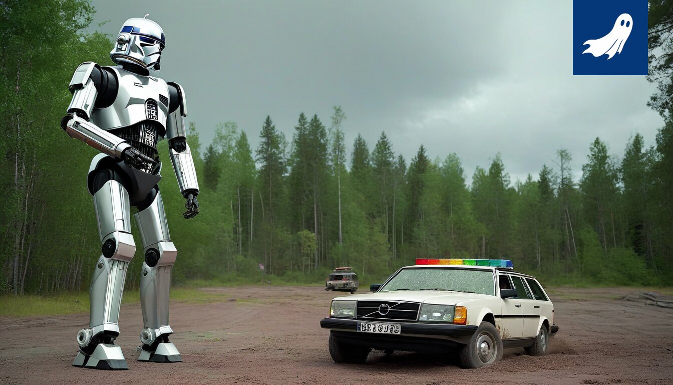 Satiirinen kuva robottien rynnäköstä Pälkäneen Rosendahlin rannalla, jossa jaetaan sateenkaaren värisiä halauksia ja sakkoja onnellisuudesta.
