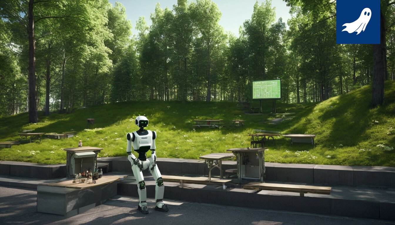 Sarjakuvamainen kuva robottivaltuutetuista kokouksessa, jossa ainoa ihmisääni kuuluu huoltohenkilökunnalta.