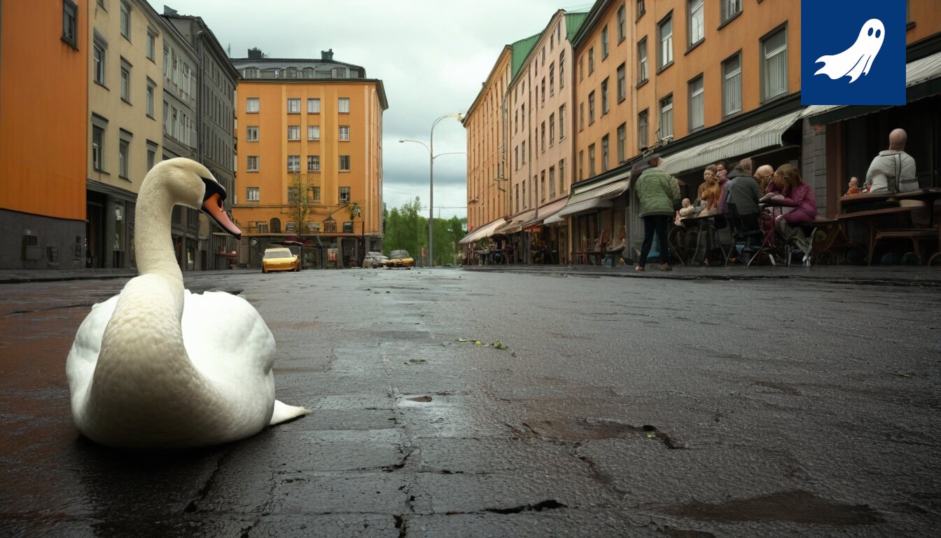 Joutsen lentää kohti kerrostalon seinää, kuva havainnollistaa tekoälyn aiheuttamaa onnettomuutta Iidesrannassa.