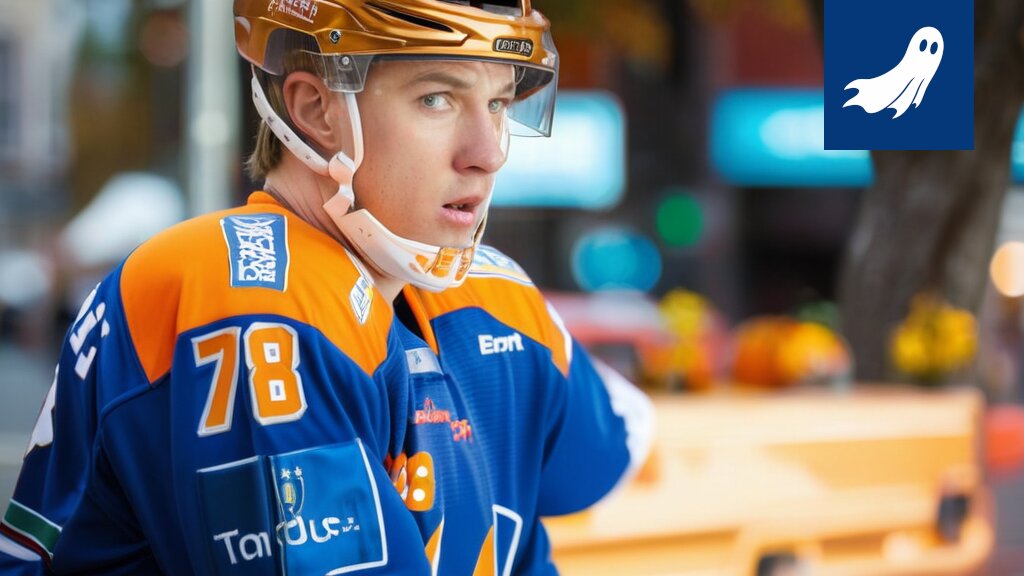 Benjamin Rautiainen hymyilee tietokoneen ääressä, symboloiden jääkiekon ja tekoälyn yhdistymistä.