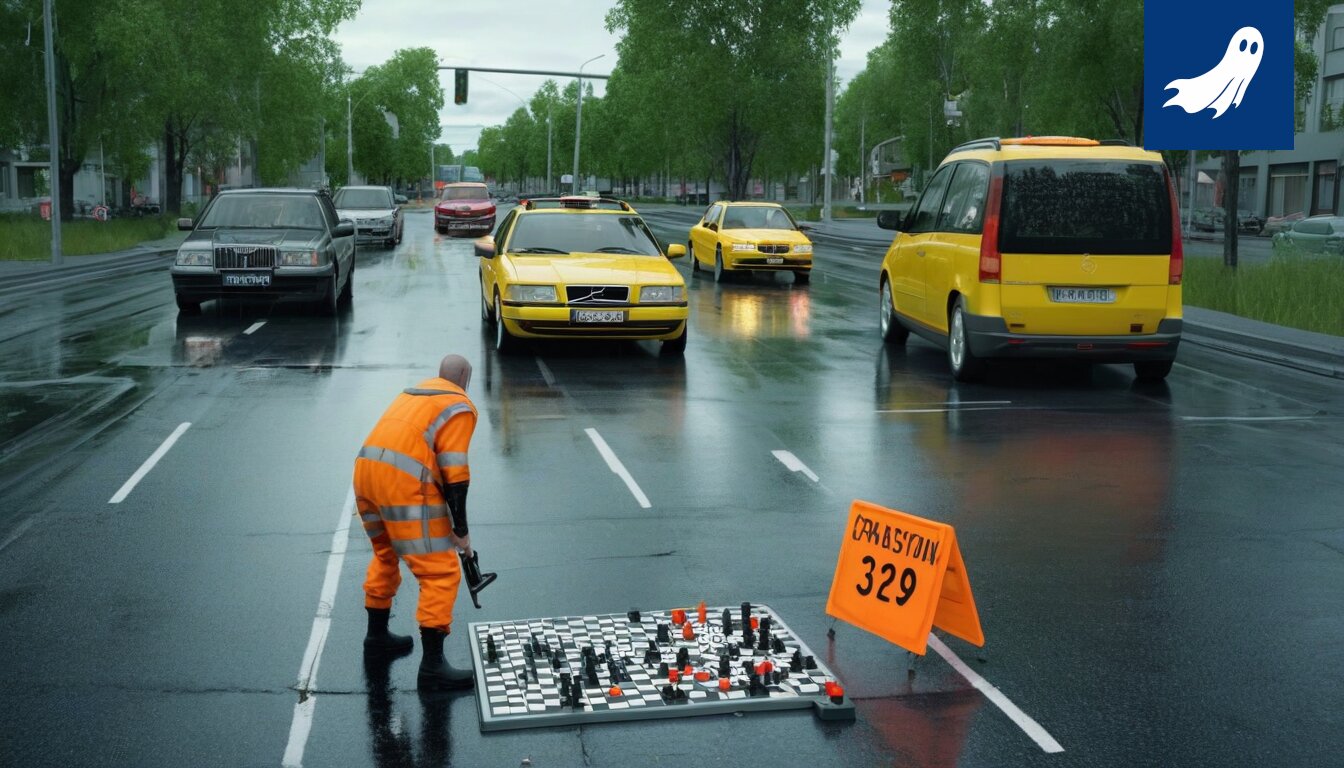 Sarjakuvamainen kuva Robocopista ohjaamassa liikennettä Tampereen risteyksessä, taustalla vihainen Reino 'KansaRageBot' Mäntynen.