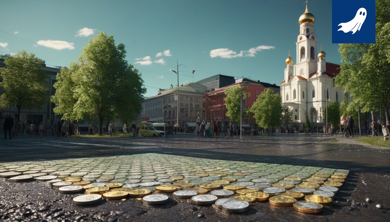 Sarjakuvamainen kuva Tampereen tuomiokirkosta, jonka yllä leijuu digitaalinen koodi ja pullapuukkoja.