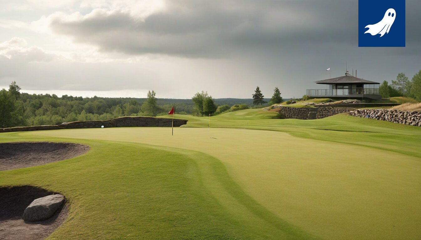 Golfkenttä Kaukajärvellä, jossa näkyy bunkkereita ja viikinkiteemaista koristelua.
