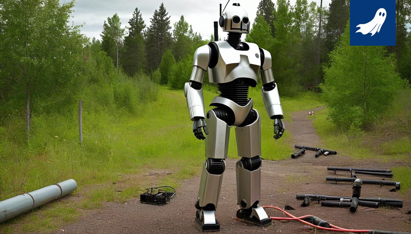 Kuva Hämeenpuiston metalliputkista, joita Robocop-robotti tarkkailee.