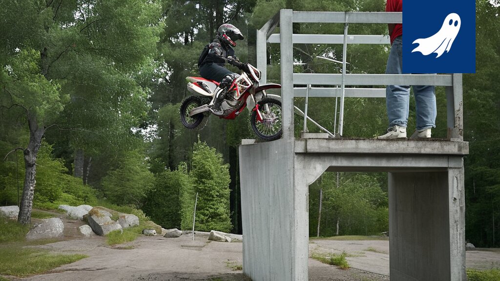 Kuva trial-pyörästä kilparadalla, symboloiden ihmisen ja algoritmin välistä kamppailua lajin huipulla.