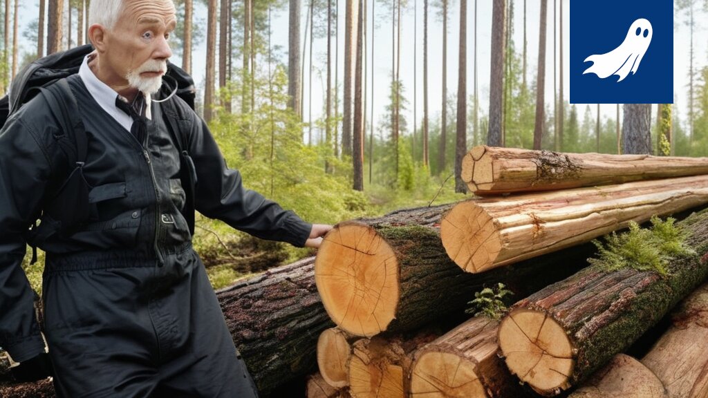 Sarjakuvamainen kuva metsänomistajasta, joka katsoo epäuskoisena tietokoneen ruutua, jossa näkyy monimutkainen kaavio metsän optimoinnista.