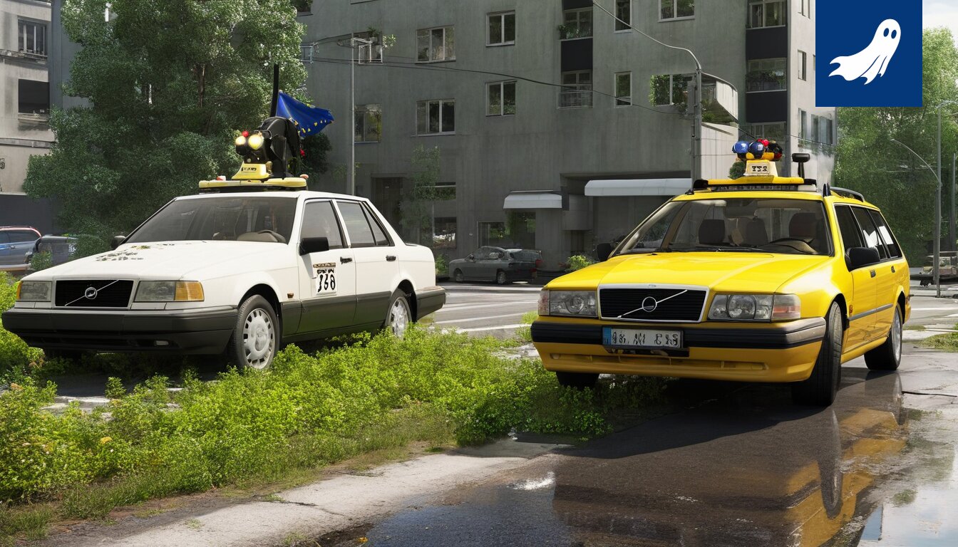Sarjakuvamainen kuva Tampereen katukuvasta, jossa autoilija hymyilee jalankulkijalle valvontakameran alla.