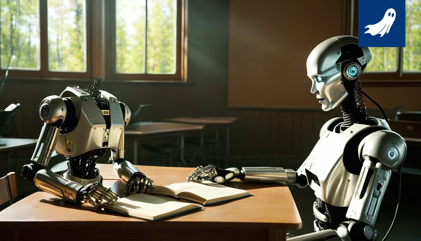 Sarjakuvamainen kuva robottikansanedustajasta äänestämässä eduskunnassa.