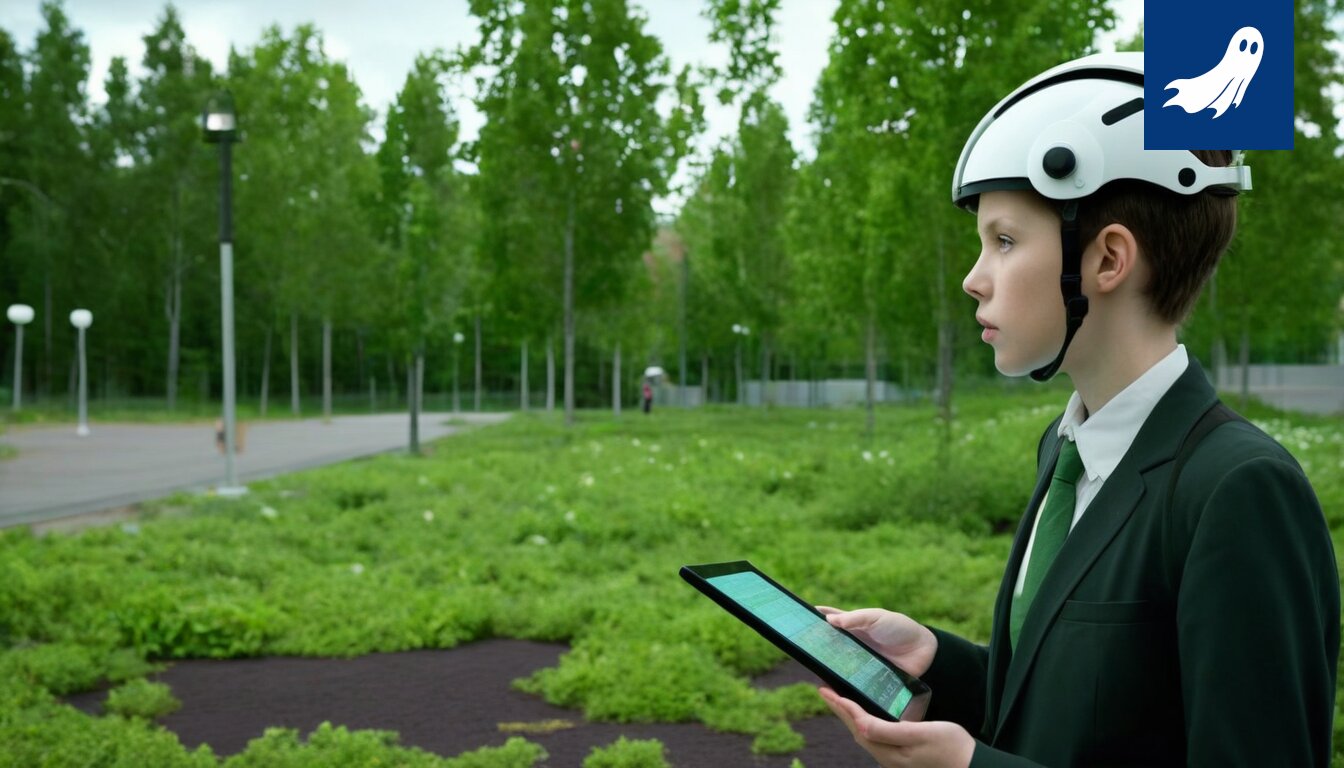 Sarjakuvamainen kuva oppilaista, joilla on päässään futuristiset, aivoaaltoja mittaavat suojakuoret.