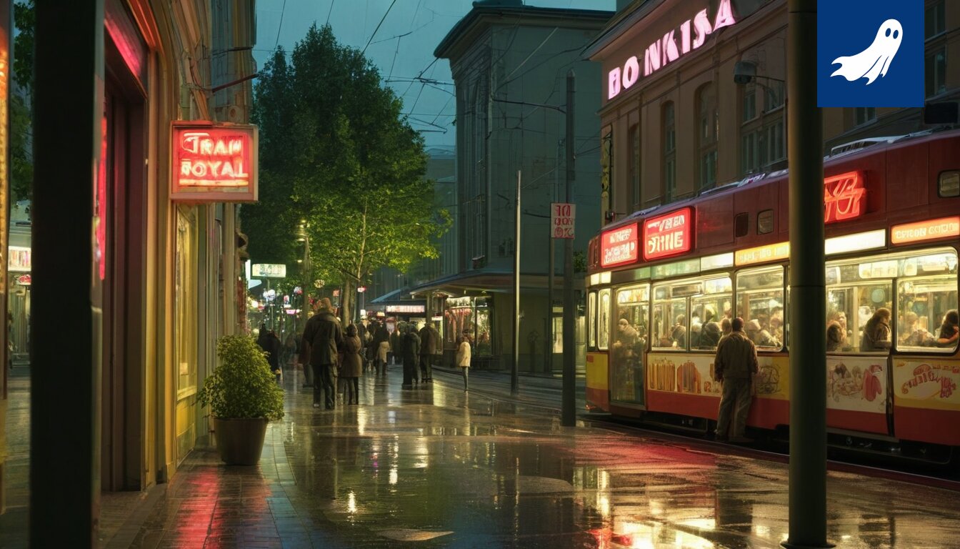 Sarjakuvamainen kuva Tampereen ratikasta, jonka sisällä on pieniä kauppoja ja kasinoita.