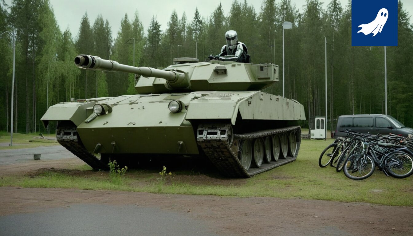 Kaukajärven koulun julkisivu, jossa näkyy panssarivaunumaista suojausta ja valvontakameroita.