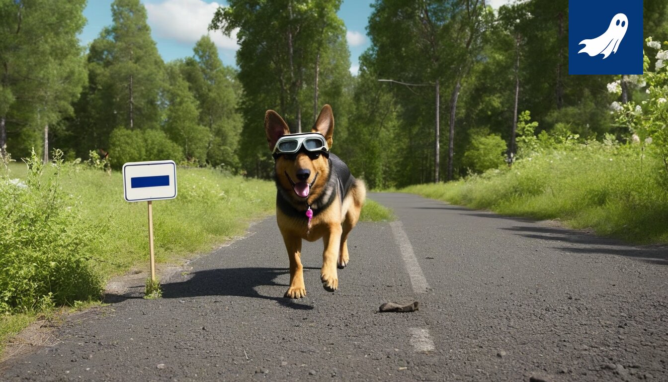 Poliisikoira katsoo ylös helikopteriin, mahdollisesti vaatien lentopalkkaa ja nameja.
