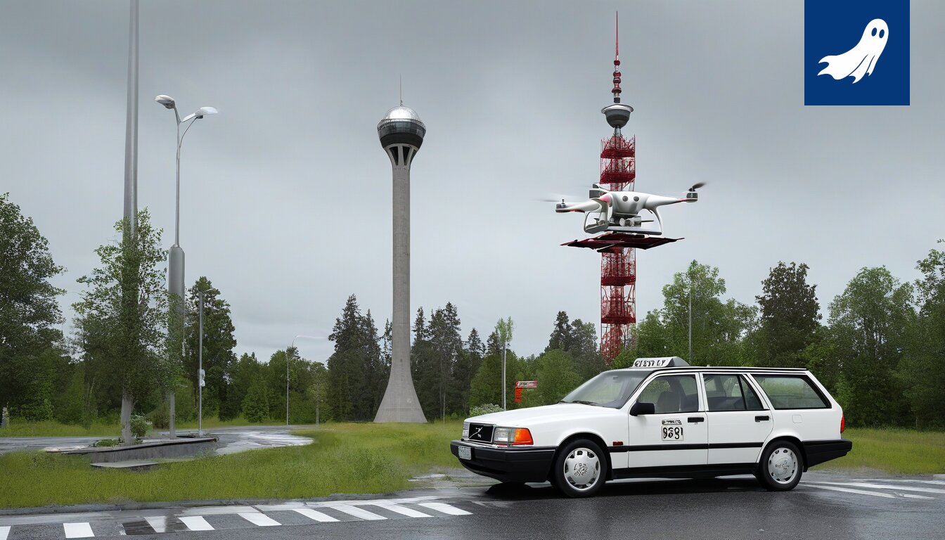 Teräksinen, autonominen polkupyörädroni liikenteessä Tampereella, satiirinen kuva.