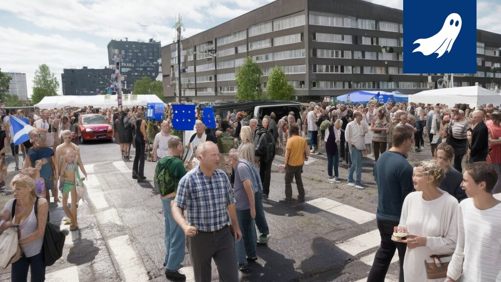 Poliisipartioiden aiheuttama karnevaalitunnelma Hämeenkadulla Tampereella, ihmisiä ja hevosia liikenteen keskellä.