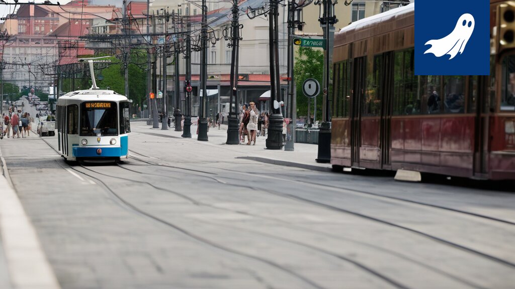 Sarjakuvamainen kuva Nyssen bussista, joka muuttuu läpinäkyväksi ja katoaa, symboloiden digitaalista haamubussia.