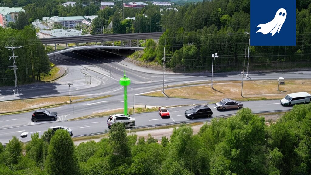 Hiedanrannan liikennevalvontapisteen visualisointi, jossa robottipoliisit valvovat liikennettä ja sakottavat poikkeavia ajoneuvoja.