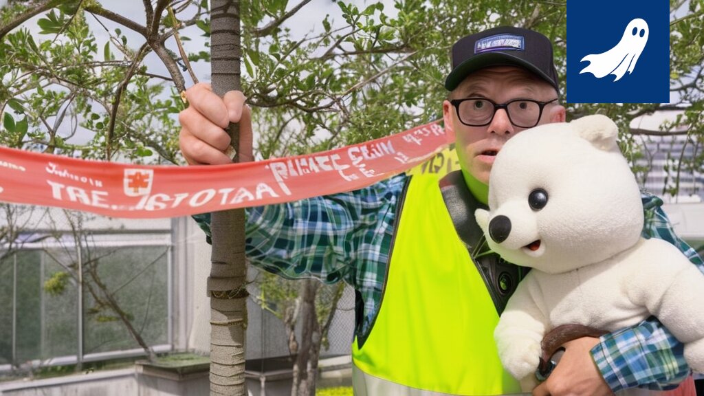 Kuva Tampereen Laikunlavan heijastinpuusta, jossa näkyy robottivalvontaa ja sakkojen jakamista.