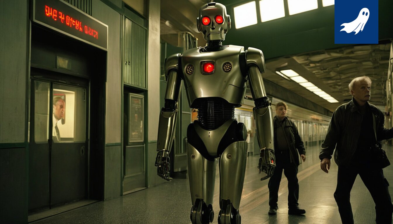 Kuva Tampereen rautatieasemalta, jossa näkyy ihmisiä ja mahdollisesti robottivartija, korostaen artikkelin humoristista luonnetta.